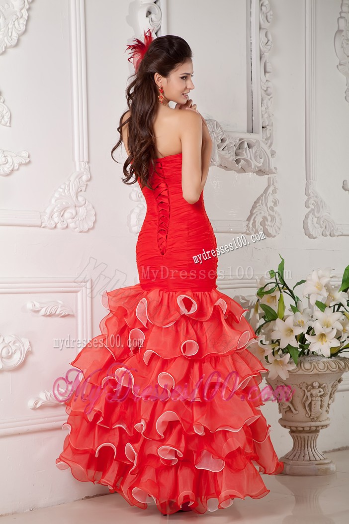 Beaded and Ruffled Mermaid Prom Dress in Coral Red