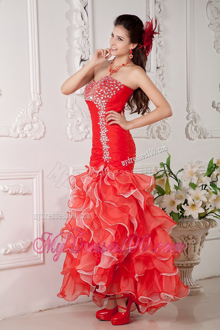 Beaded and Ruffled Mermaid Prom Dress in Coral Red