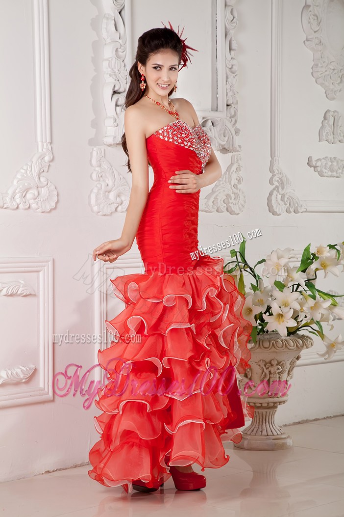 Beaded and Ruffled Mermaid Prom Dress in Coral Red