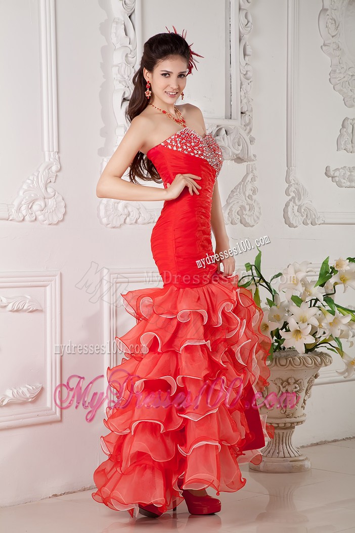 Beaded and Ruffled Mermaid Prom Dress in Coral Red