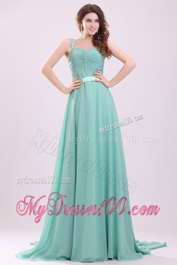 Aqua Blue Empire Straps Beading Green Chiffon Evening Dress with Brush Train
