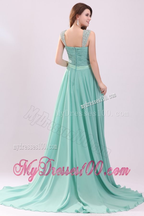 Aqua Blue Empire Straps Beading Green Chiffon Evening Dress with Brush Train