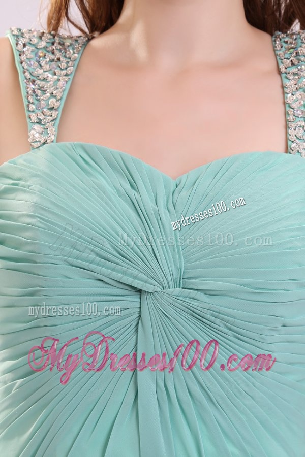 Aqua Blue Empire Straps Beading Green Chiffon Evening Dress with Brush Train