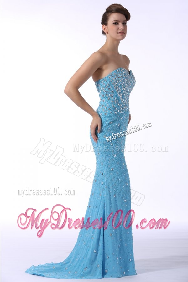 Aqua Blue Mermaid Sweetheart Brush Train Evening Dress with Beading