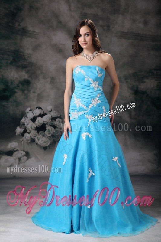 Appliqued Aqua Blue Mermaid Prom Gown of Brush Train