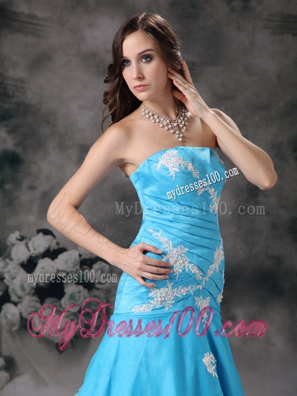 Appliqued Aqua Blue Mermaid Prom Gown of Brush Train