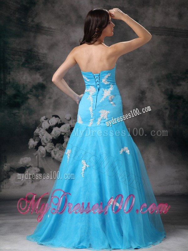 Appliqued Aqua Blue Mermaid Prom Gown of Brush Train