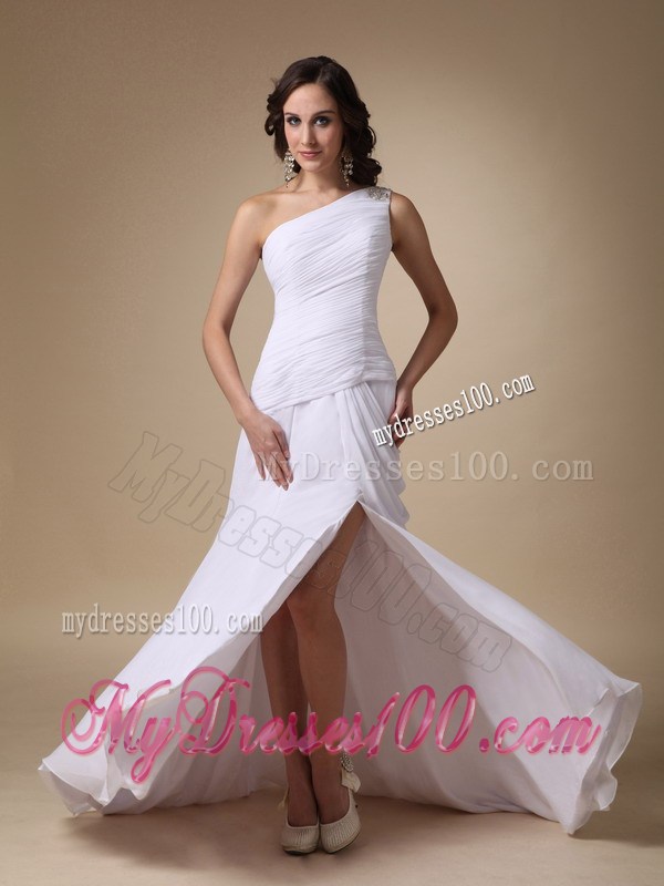 White Column One Shoulder Prom Dress with Slit and Brush Train