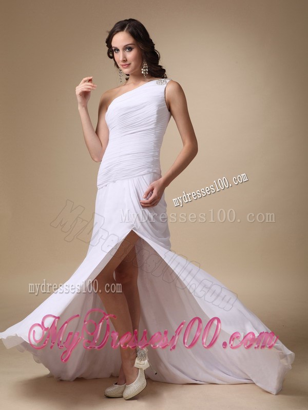 White Column One Shoulder Prom Dress with Slit and Brush Train