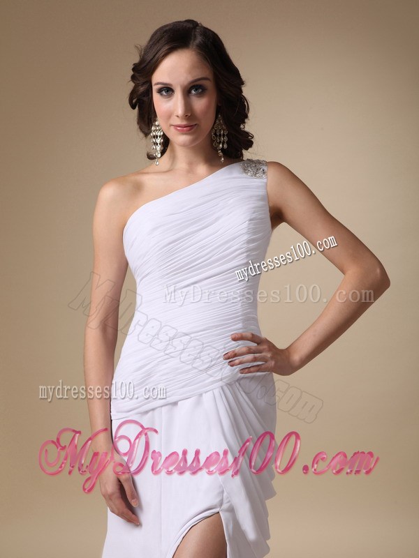 White Column One Shoulder Prom Dress with Slit and Brush Train