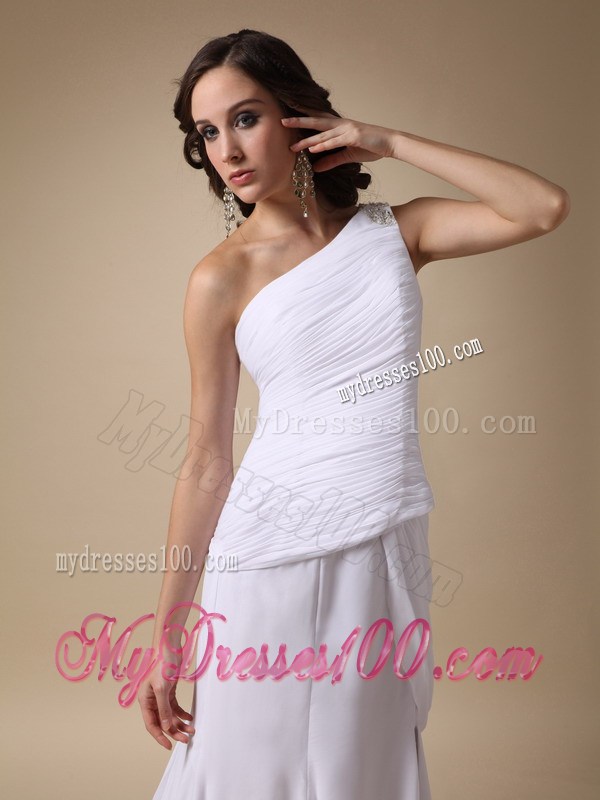 White Column One Shoulder Prom Dress with Slit and Brush Train