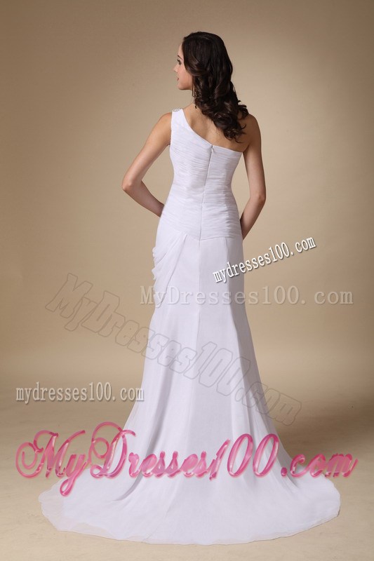 White Column One Shoulder Prom Dress with Slit and Brush Train