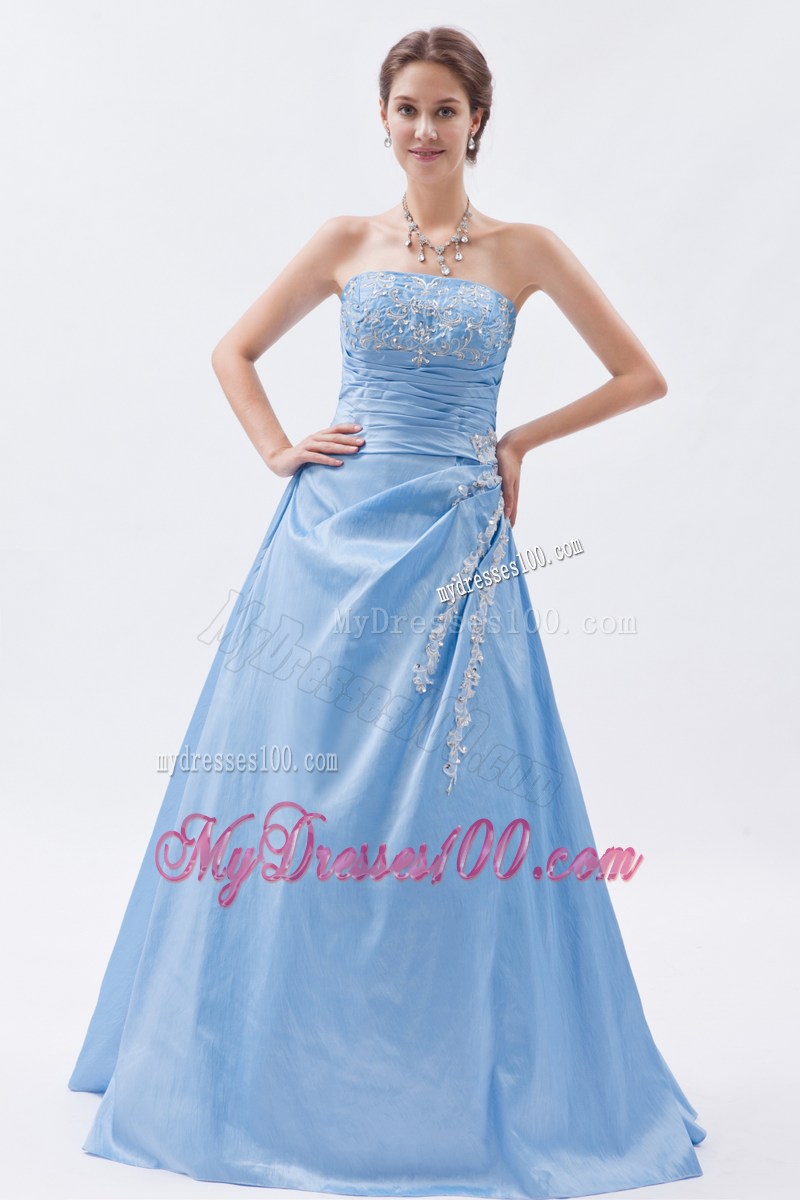 Appliques and Pleats Decorate Baby Blue Prom Dresses