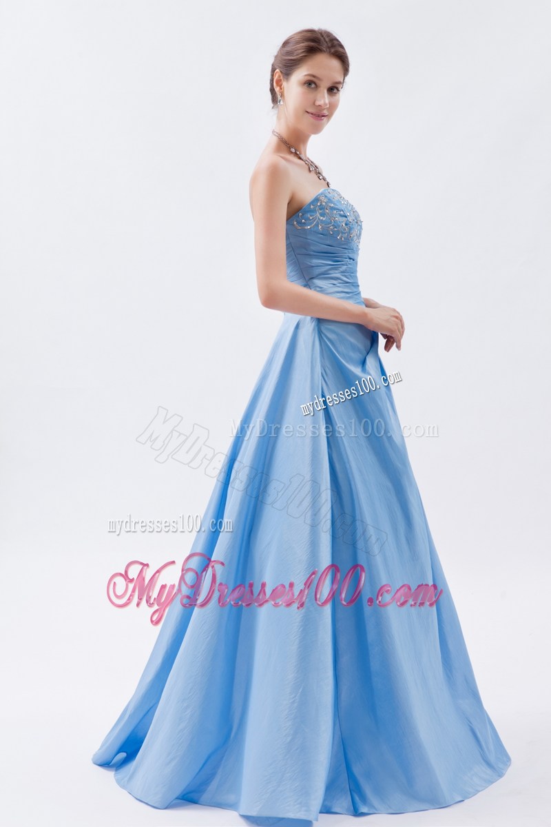 Appliques and Pleats Decorate Baby Blue Prom Dresses