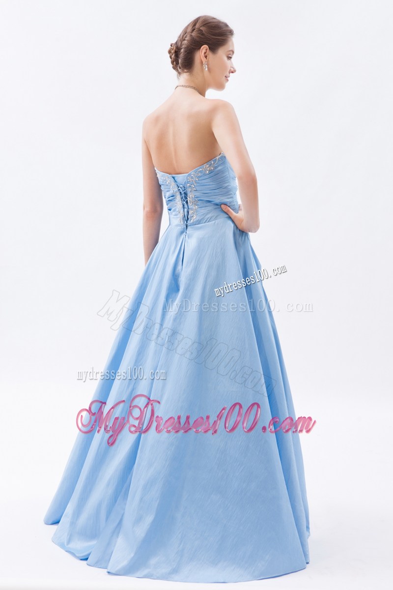 Appliques and Pleats Decorate Baby Blue Prom Dresses