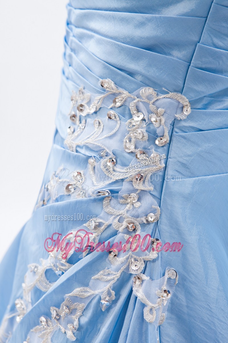 Appliques and Pleats Decorate Baby Blue Prom Dresses