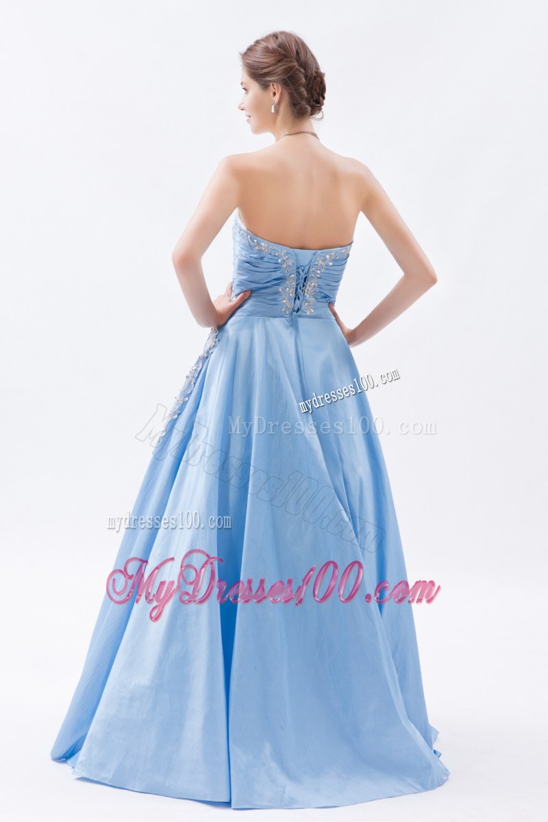 Appliques and Pleats Decorate Baby Blue Prom Dresses