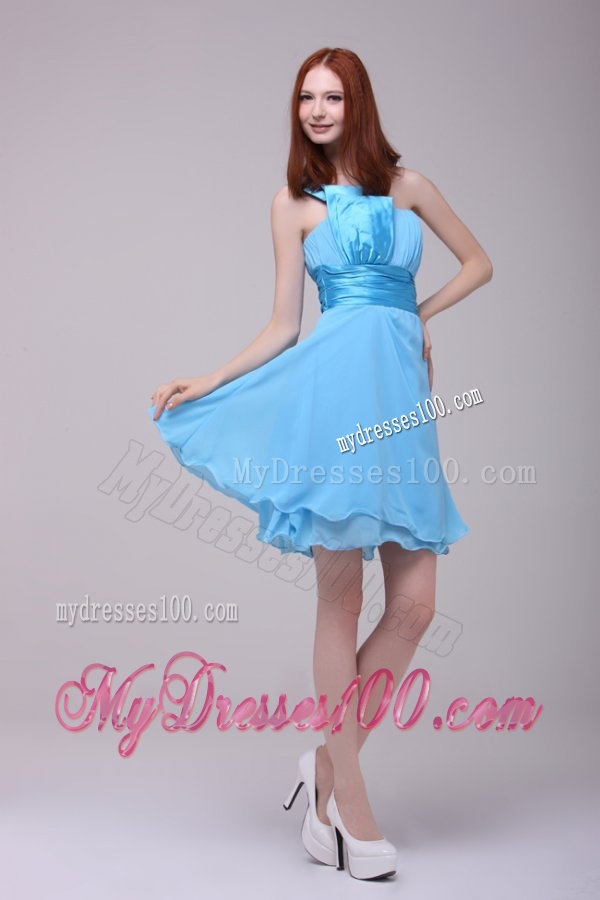 Baby Blue One Shoulder Ruching Evening Dress in Chiffon