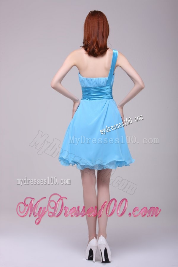 Baby Blue One Shoulder Ruching Evening Dress in Chiffon