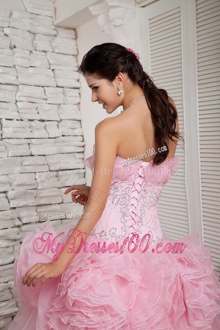 Baby Pink A-line Organza Prom Dress with Rolling Flowers
