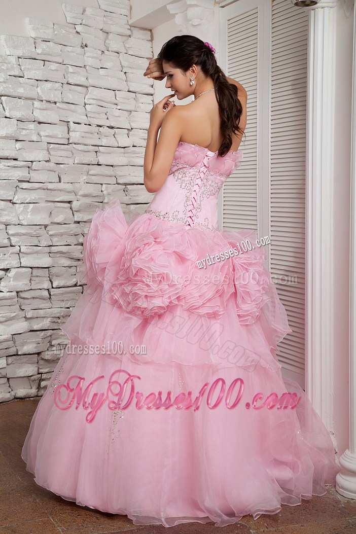 Baby Pink A-line Organza Prom Dress with Rolling Flowers