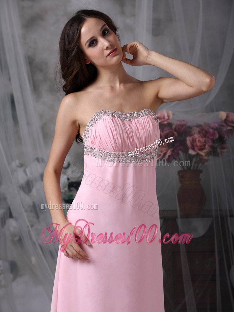 Beaded and Ruched Sweetheart Long Prom Dress in Baby Pink