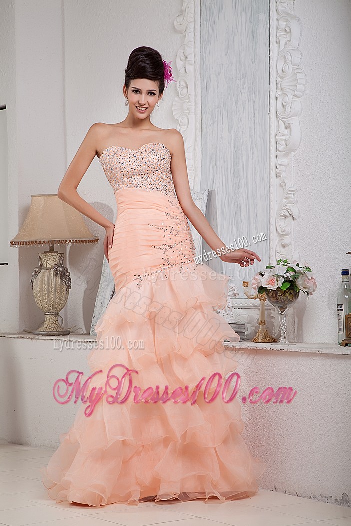 Beading and Ruffles Decorate on Baby Pink Mermaid Prom Gown