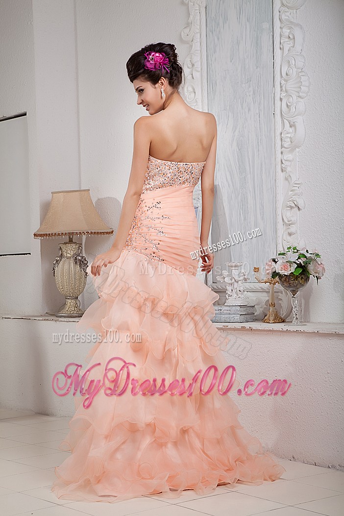 Beading and Ruffles Decorate on Baby Pink Mermaid Prom Gown