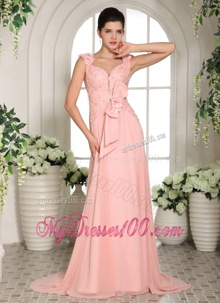 Stylish Baby Pink Straps Style With Brush and Flowers Prom Gowns