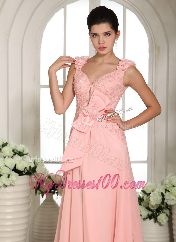 Stylish Baby Pink Straps Style With Brush and Flowers Prom Gowns