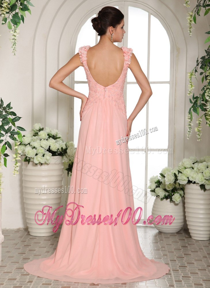 Stylish Baby Pink Straps Style With Brush and Flowers Prom Gowns