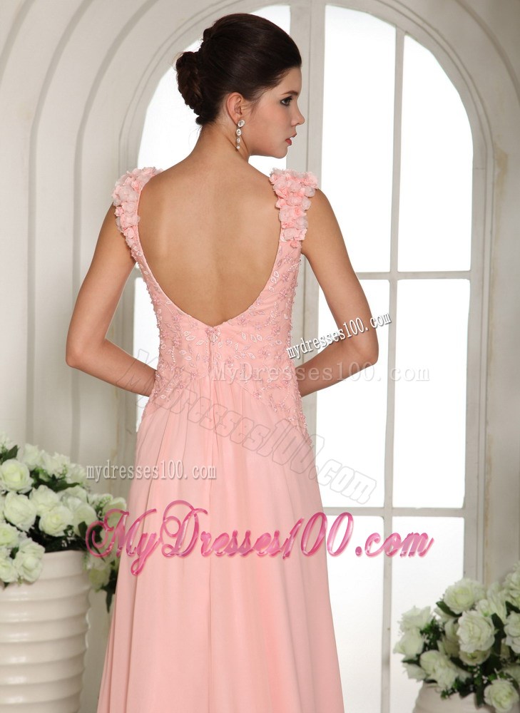 Stylish Baby Pink Straps Style With Brush and Flowers Prom Gowns