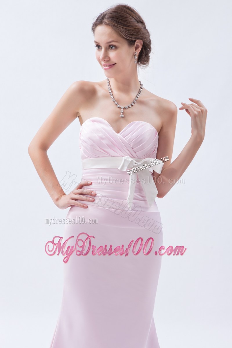 Baby Pink Mermaid Prom Gown with Ruches and Bowknot