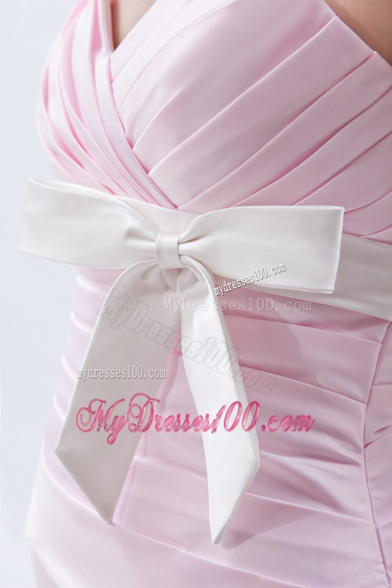 Baby Pink Mermaid Prom Gown with Ruches and Bowknot