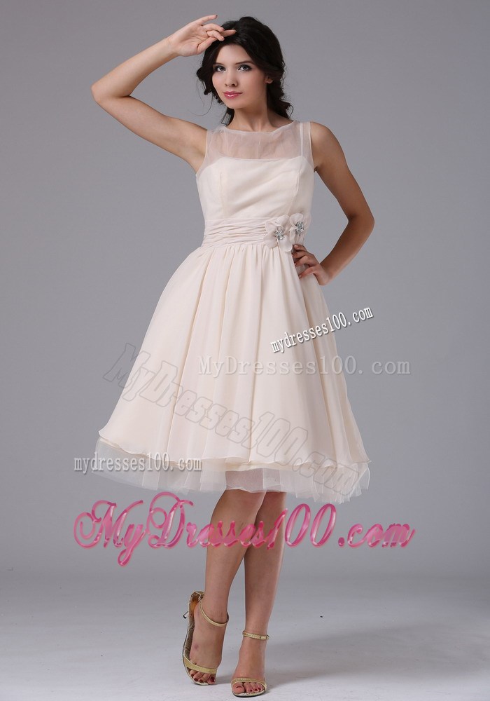 Transparent Bateau Neckline Prom Dress with Beaded Handle Flowers
