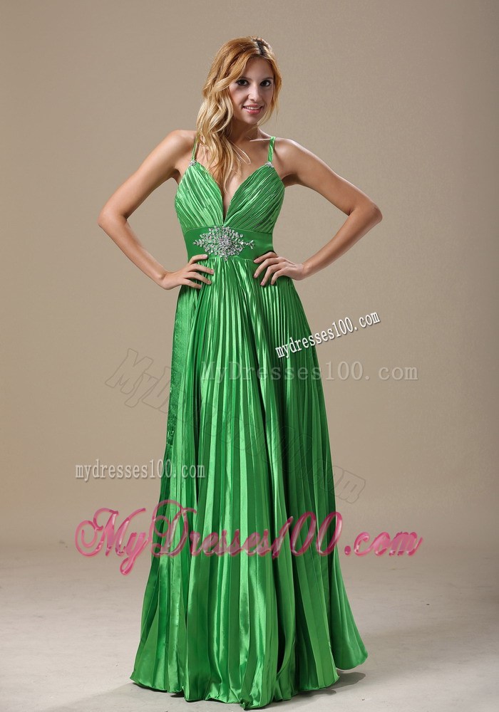 Beading and Pleats Decorate Prom Dress With Straps and V-neck