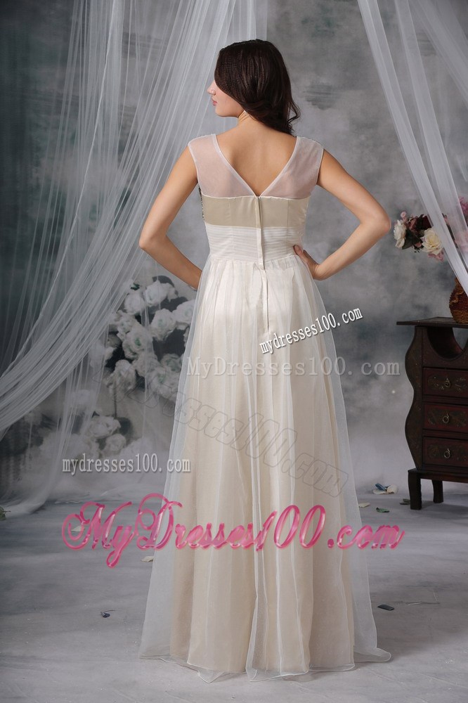 White Empire V-neck Beading Designed Prom Dress With Bow