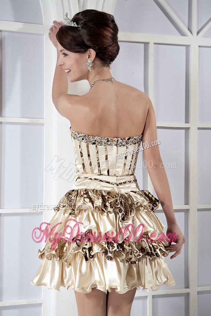 Ruffled Short Champagne Prom Gown with Beading and Print
