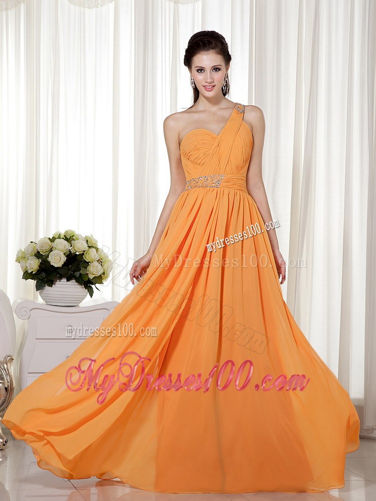 Orange Column One Shoulder Chiffon Prom Dress with Beading