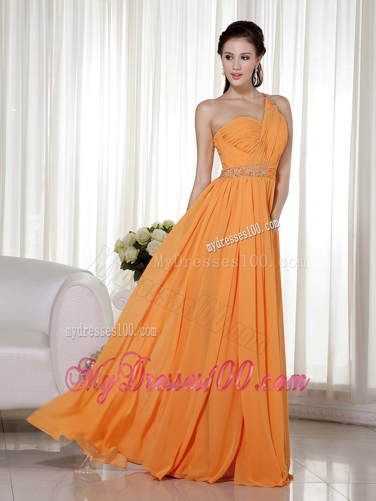 Orange Column One Shoulder Chiffon Prom Dress with Beading