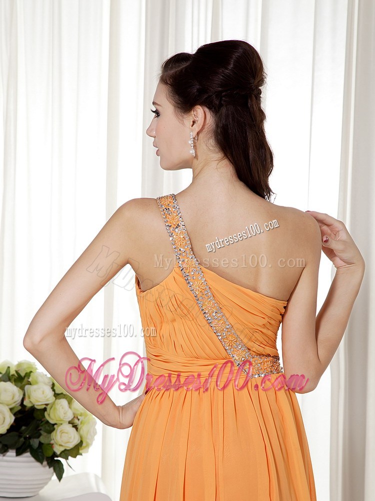 Orange Column One Shoulder Chiffon Prom Dress with Beading