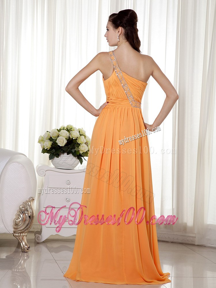 Orange Column One Shoulder Chiffon Prom Dress with Beading