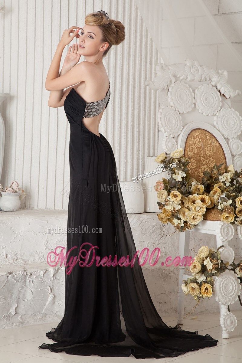 Asymmetrical Black Column Brush Train Prom Dresses