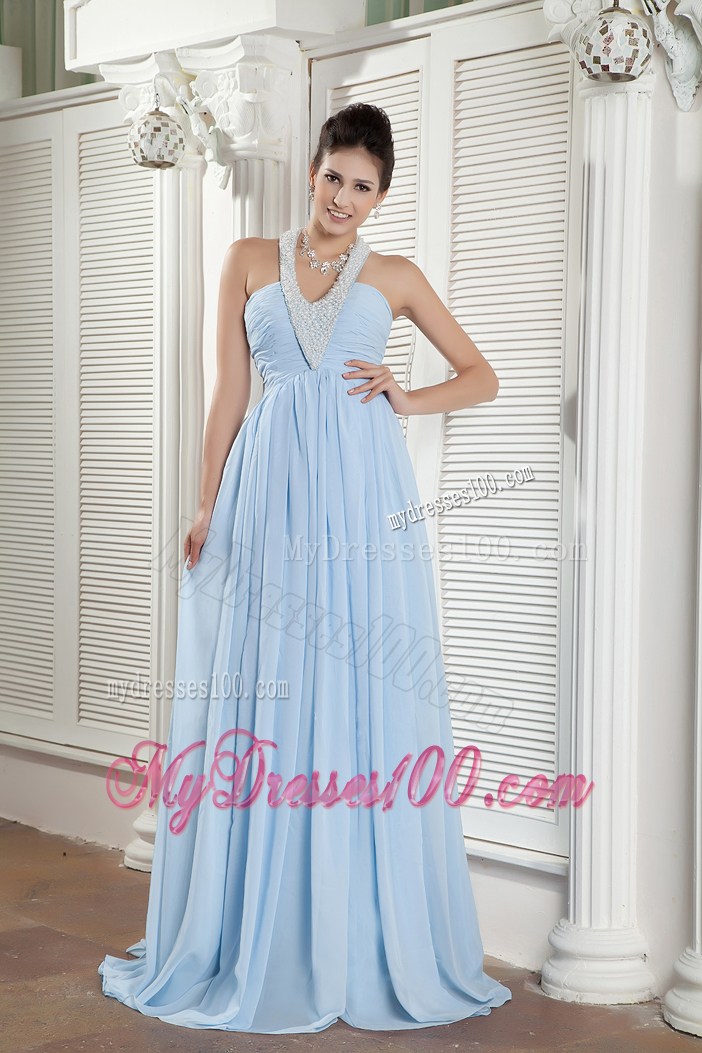 Halter V-neck Baby Blue Brush Beaded Chiffon Prom Gown