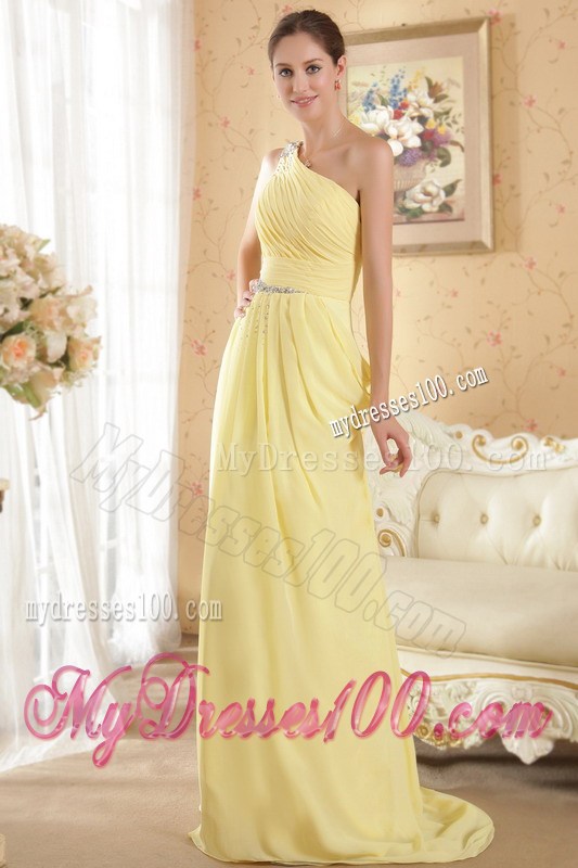Beaded One Shoulder Pleated Yellow Prom Gown of Brush Train