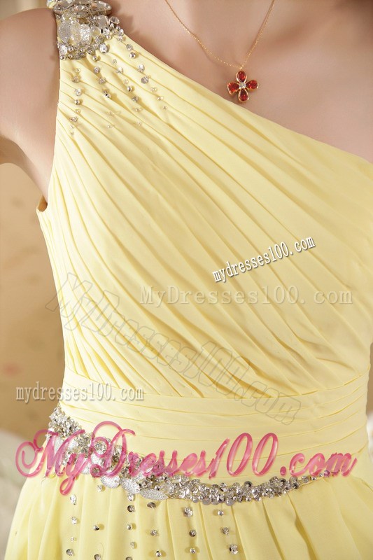Beaded One Shoulder Pleated Yellow Prom Gown of Brush Train