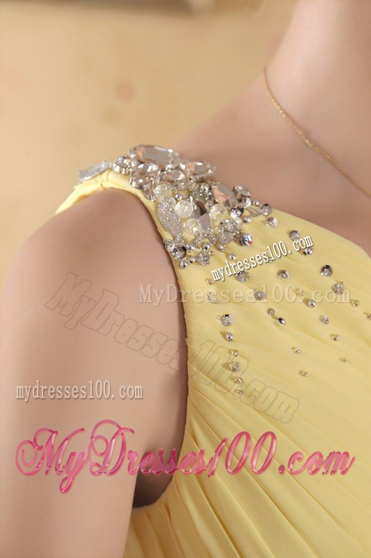 Beaded One Shoulder Pleated Yellow Prom Gown of Brush Train