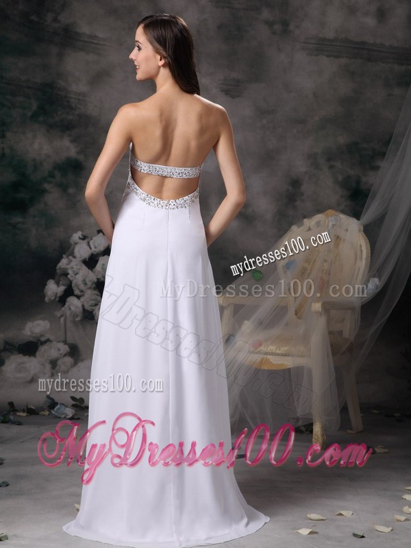 White Long Beaded Prom Dresses with the Back Cut out