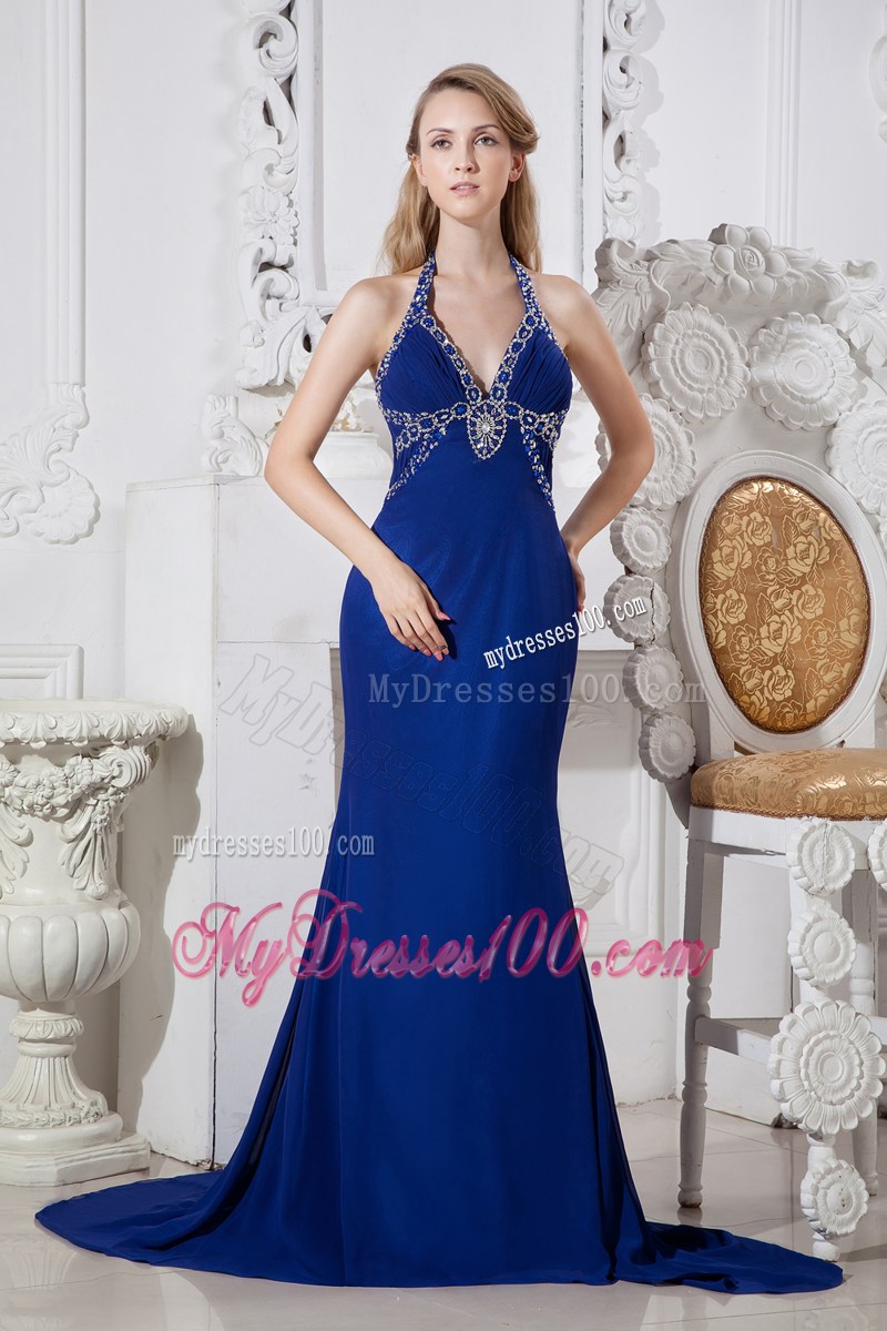 Halter Royal Blue Prom Dress with Beading and Chapel Train