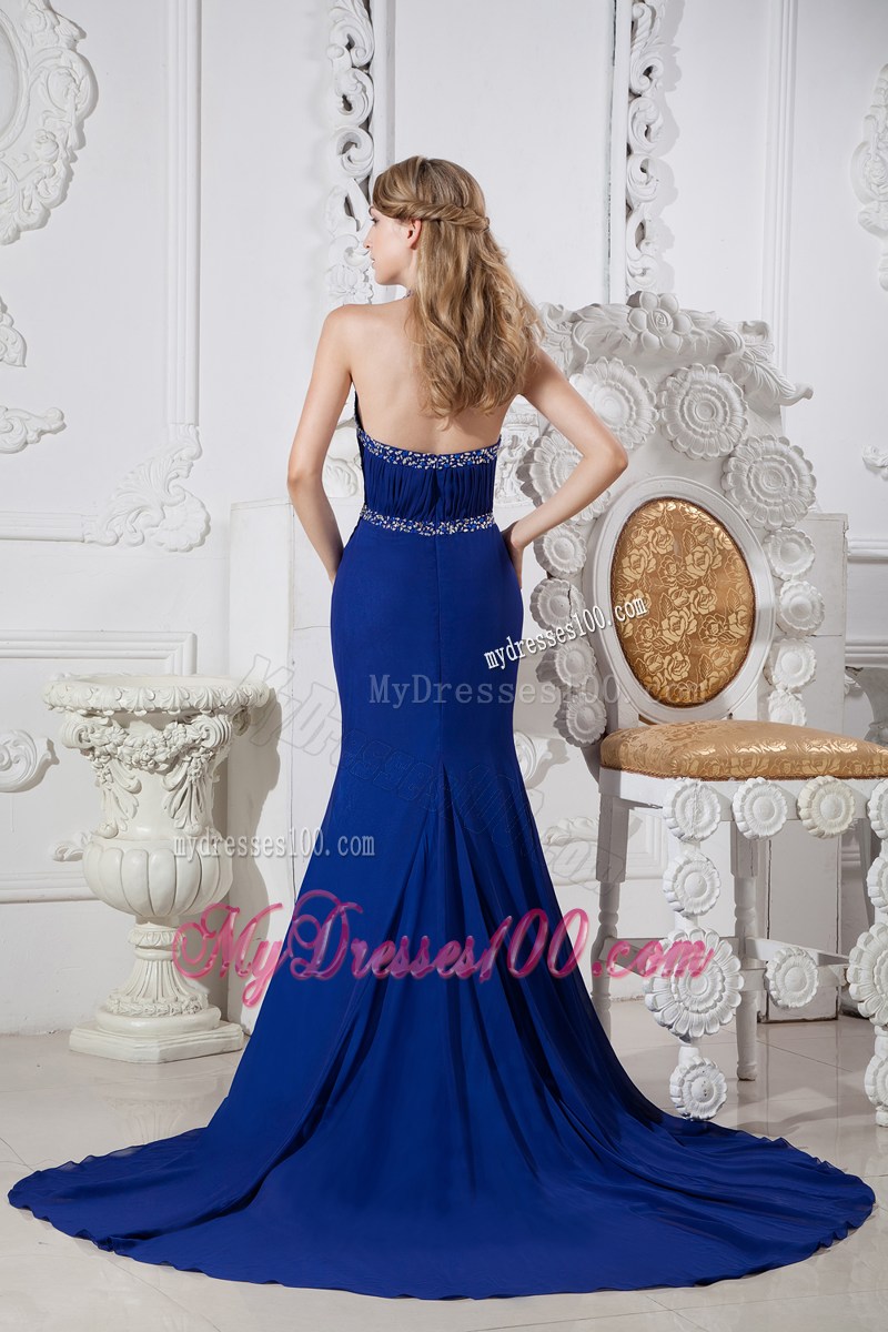 Halter Royal Blue Prom Dress with Beading and Chapel Train